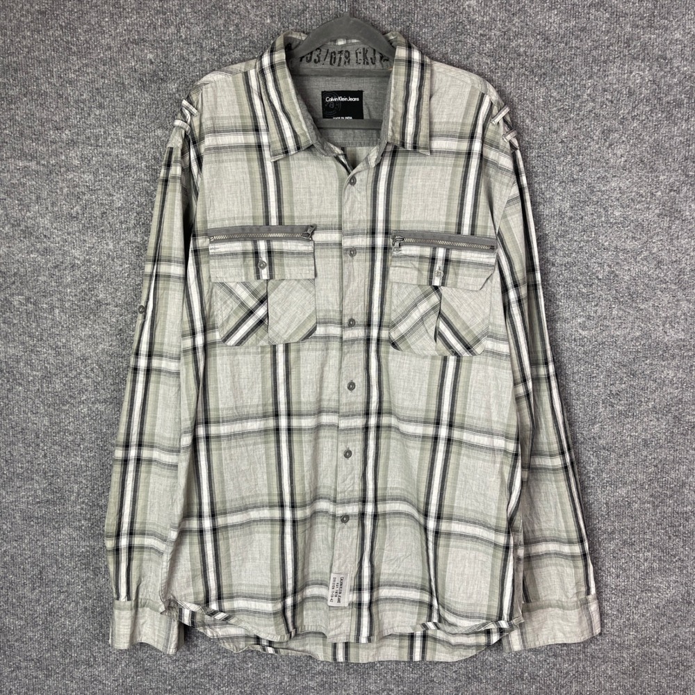 New Calvin Klein Jeans Plaid Button Up Mens XL Gray Good Zipper Pockets Roll Tab